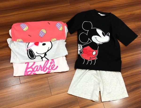 Bộ cotton H&M cộc tay size đại Mẹ&Bé 5 mẫu Mickey đen, bắp rang bơ, Snoopy ghi, Barbie hồng