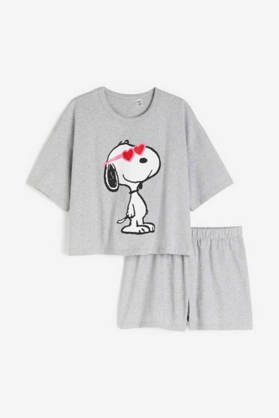 Bộ cotton H&M cộc tay size đại Mẹ&Bé 5 mẫu Mickey đen, bắp rang bơ, Snoopy ghi, Barbie hồng