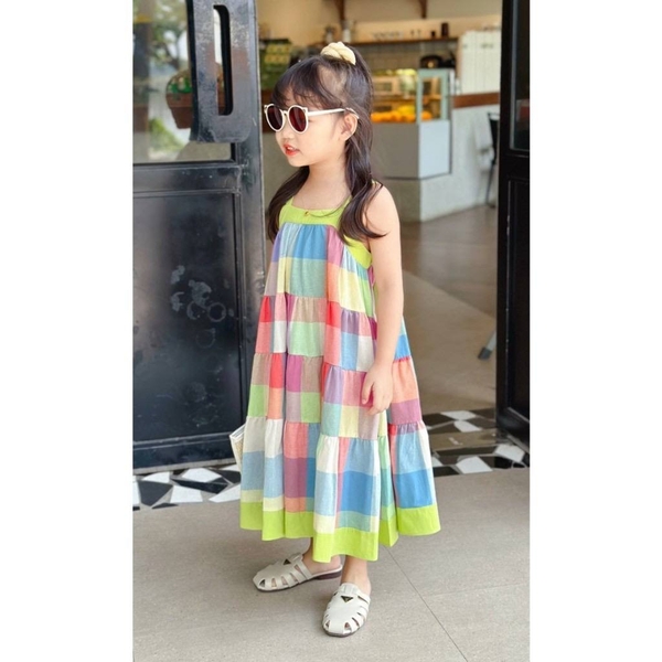 Váy thô hai dây maxi Sofia Candy kẻ sắc màu