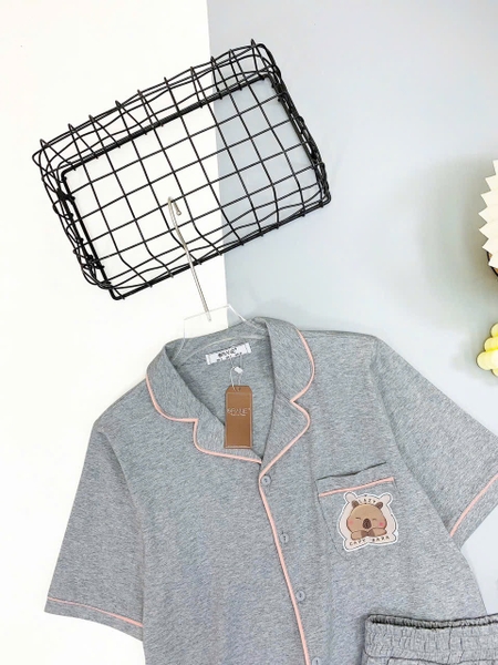 Bộ pyjamas cổ V cotton cộc tay Capybara 4 màu hãng Careia