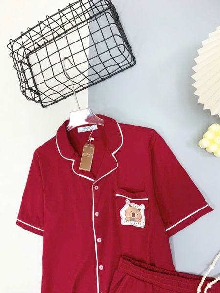 Bộ pyjamas cổ V cotton cộc tay Capybara 4 màu hãng Careia