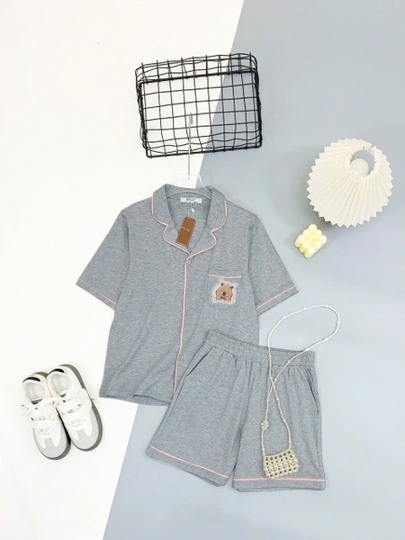 Bộ pyjamas cổ V cotton cộc tay Capybara 4 màu hãng Careia