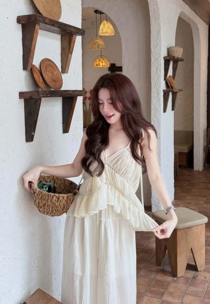 Áo hai dây bèo tầng Minji Design hay màu xanh, trắng kem