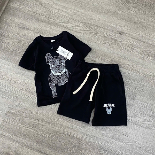 Bộ cotton Life Work cộc tay 2 màu đen, trắng họa tiết chú chó
