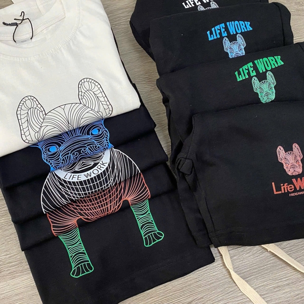 Bộ cotton Life Work cộc tay 2 màu đen, trắng họa tiết chú chó