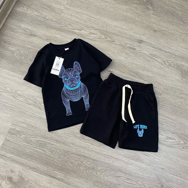 Bộ cotton Life Work cộc tay 2 màu đen, trắng họa tiết chú chó