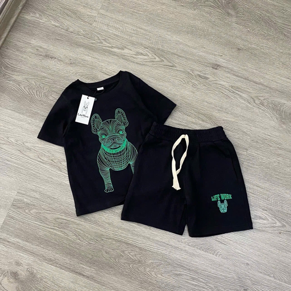 Bộ cotton Life Work cộc tay 2 màu đen, trắng họa tiết chú chó