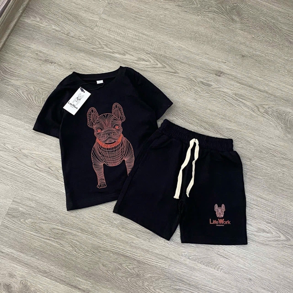 Bộ cotton Life Work cộc tay 2 màu đen, trắng họa tiết chú chó