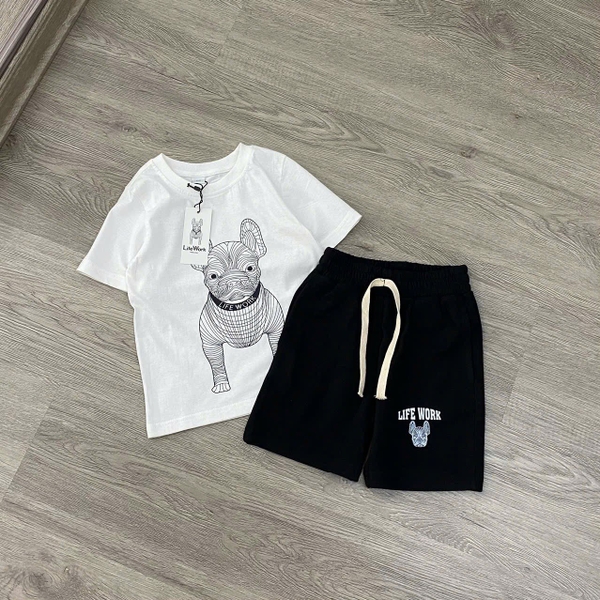 Bộ cotton Life Work cộc tay 2 màu đen, trắng họa tiết chú chó