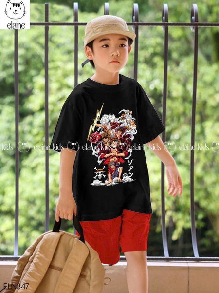 Bộ cotton Monkey D. Luffy One Piece Elaine áo cộc tay đen quần kaki đỏ