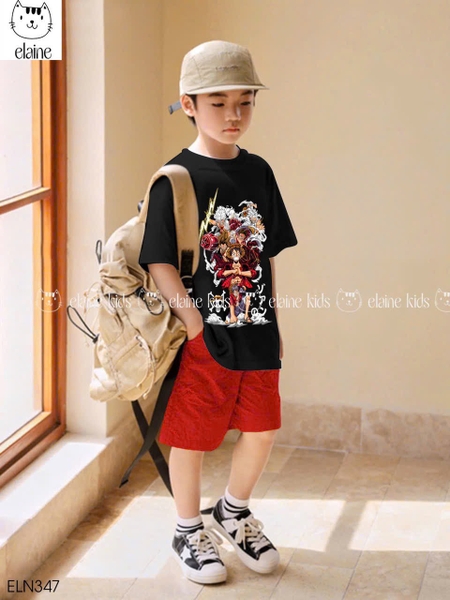 Bộ cotton Monkey D. Luffy One Piece Elaine áo cộc tay đen quần kaki đỏ
