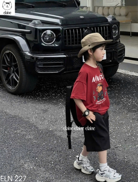Bộ cotton Capybara Ninja Elaine áo cộc tay đỏ quần kaki đen