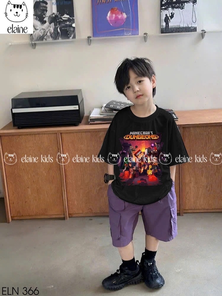 Bộ cotton Minecraft Dungeons Elaine áo cộc tay đen quần kaki tím