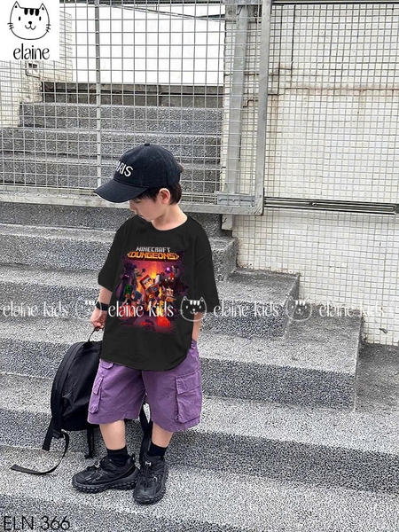 Bộ cotton Minecraft Dungeons Elaine áo cộc tay đen quần kaki tím