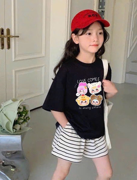 Bộ cotton Baby Three áo cộc tay đen quần kẻ Chihan