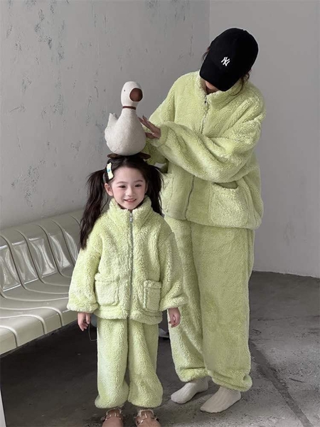 Bộ lông bông mẹ con 5 màu áo khoác kéo khóa, quần bo gấu