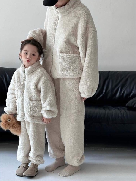 Bộ lông bông mẹ con 5 màu áo khoác kéo khóa, quần bo gấu