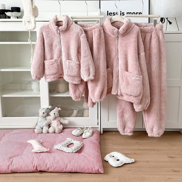 Bộ lông bông mẹ con 5 màu áo khoác kéo khóa, quần bo gấu