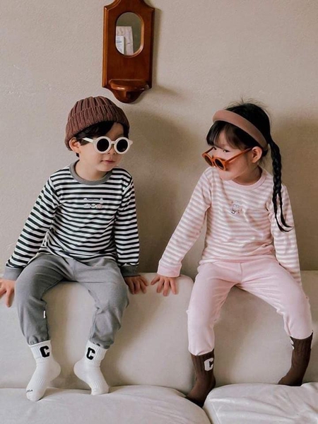 Bộ cotton dài tay kẻ ngang 6 màu cho bé trai, bé gái