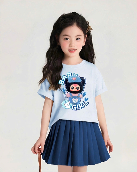 Bộ cotton Baby Three Nabi áo cộc tay trắng chân váy xanh