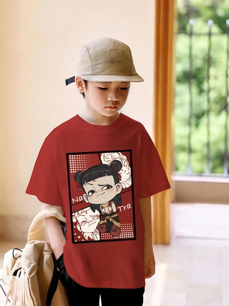 Bộ cotton Na Tra chibi Boonana áo cộc tay đỏ mận quần sooc kaki đen