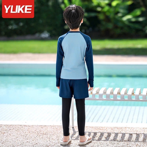 Bộ bơi dài tay Yuke bé trai quần 2 lớp phối XANH