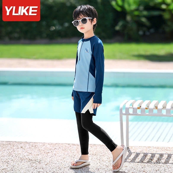 Bộ bơi dài tay Yuke bé trai quần 2 lớp phối XANH