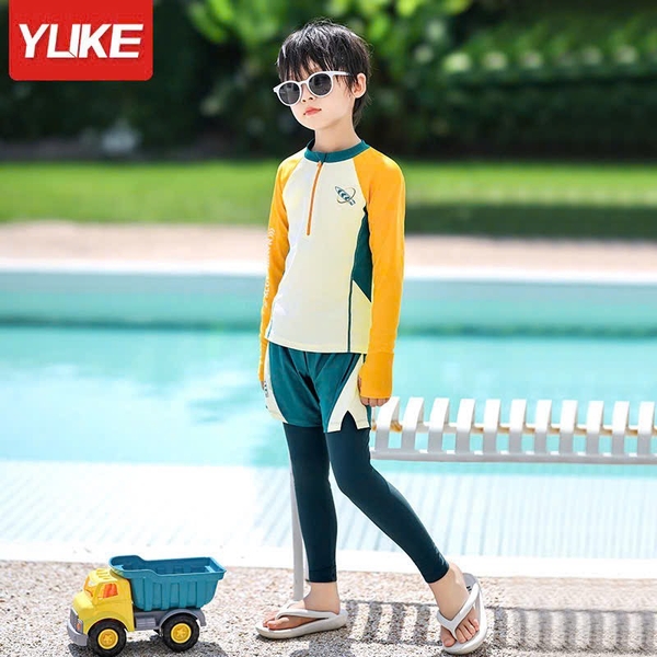Bộ bơi dài tay Yuke bé trai quần 2 lớp phối VÀNG XANH