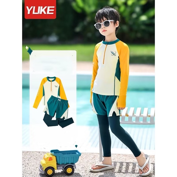 Bộ bơi dài tay Yuke bé trai quần 2 lớp phối VÀNG XANH
