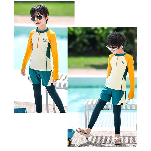 Bộ bơi dài tay Yuke bé trai quần 2 lớp phối VÀNG XANH