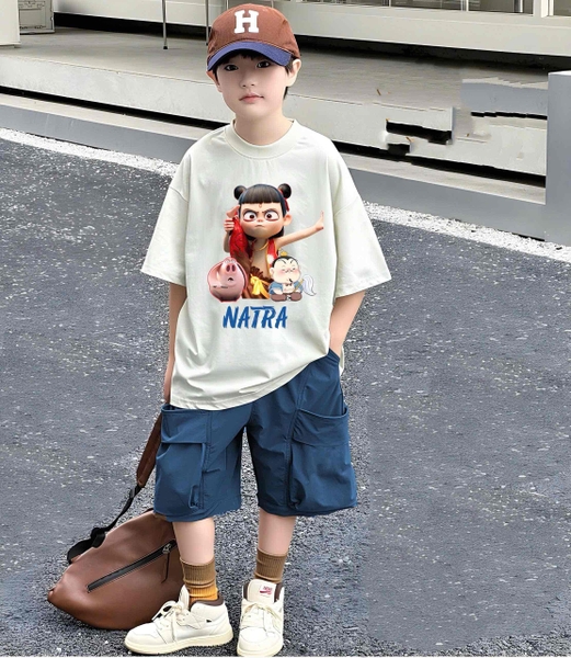 Bộ cotton Na Tra Nabi áo cộc tay trắng quần kaki xanh than