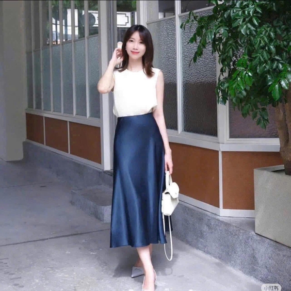 Chân váy lụa màu XANH NAVY Tommy Hilfiger
