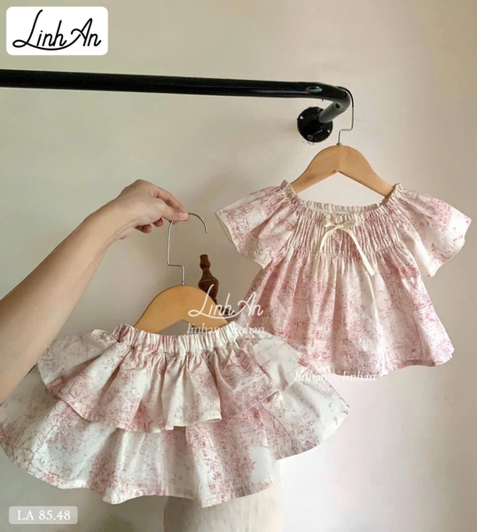 Set thô trắng áo cánh tiên smock ngực chân váy bồng Linh An phối loang hồng