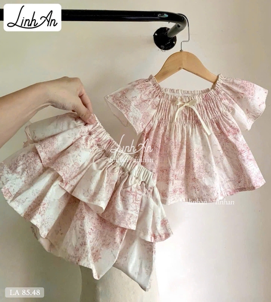 Set thô trắng áo cánh tiên smock ngực chân váy bồng Linh An phối loang hồng