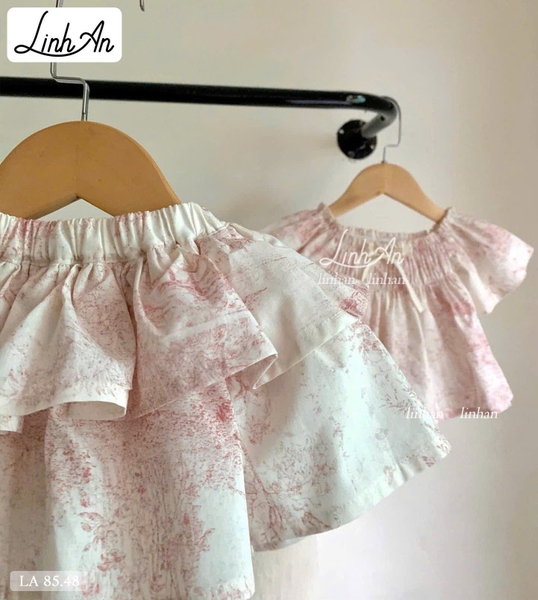 Set thô trắng áo cánh tiên smock ngực chân váy bồng Linh An phối loang hồng