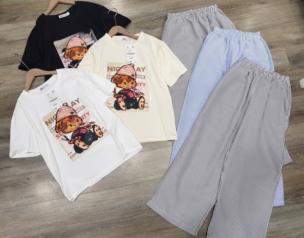 Bộ áo phông Zara hình thỏ mũ hồng quần suông kẻ 3 màu cho nữ