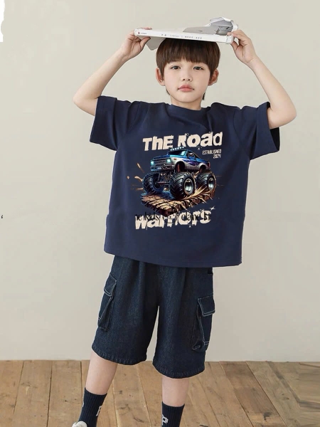 Bộ The Road Warriors áo cotton cộc tay xanh Navy quần jean túi hộp