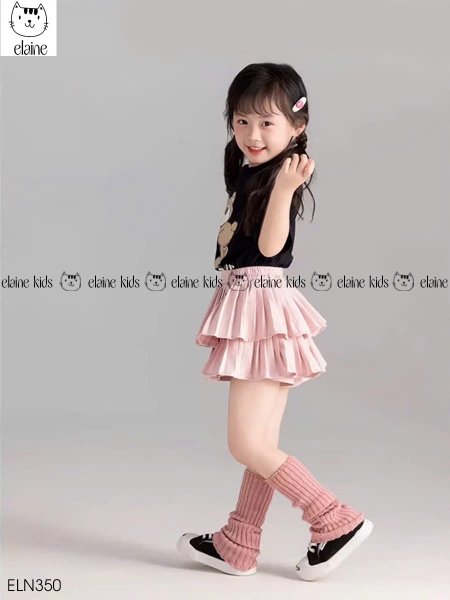 Bộ gấu trái tim Elaine áo cộc tay đen chân váy tầng màu hồng