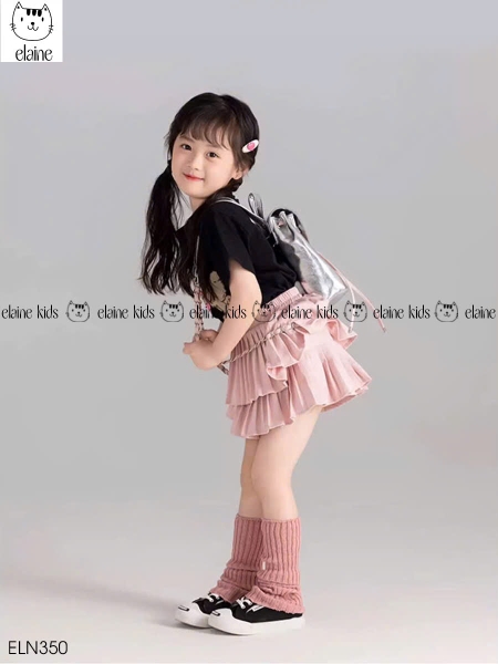 Bộ gấu trái tim Elaine áo cộc tay đen chân váy tầng màu hồng