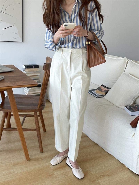 Áo sơ mi kẻ dài tay xanh cho mẹ