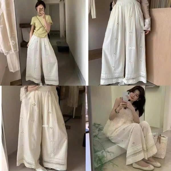 Quần thô phối ren hoạ tiết hoa màu BE cho nữ
