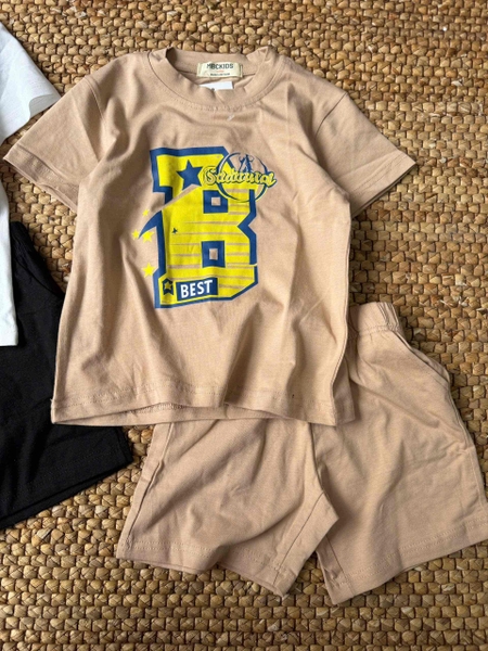 Bộ cộc tay áo nâu chữ B vàng quần sooc MBCKIDS