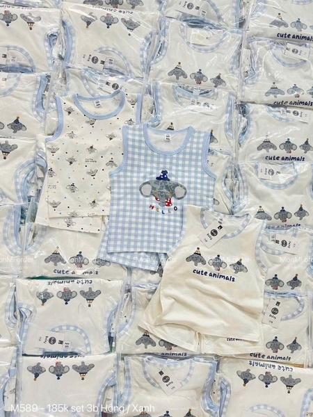 Set 3 bộ cotton sát nách màu xanh, hồng H2.Studio