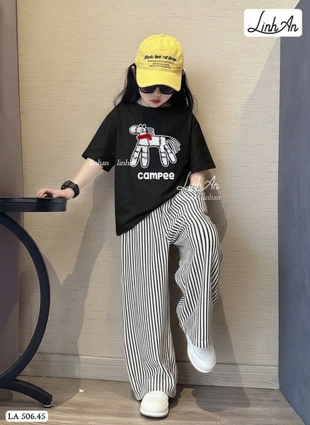 Bộ cộc tay SIZE BÉ Campee Linh An quần kẻ dài bé gái 3 màu hình Ngựa