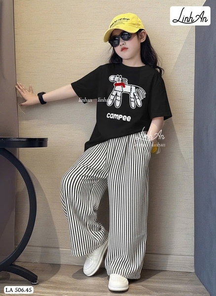 Bộ cộc tay SIZE BÉ Campee Linh An quần kẻ dài bé gái 3 màu hình Ngựa