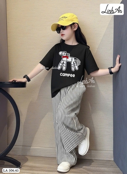 Bộ cộc tay SIZE BÉ Campee Linh An quần kẻ dài bé gái 3 màu hình Ngựa