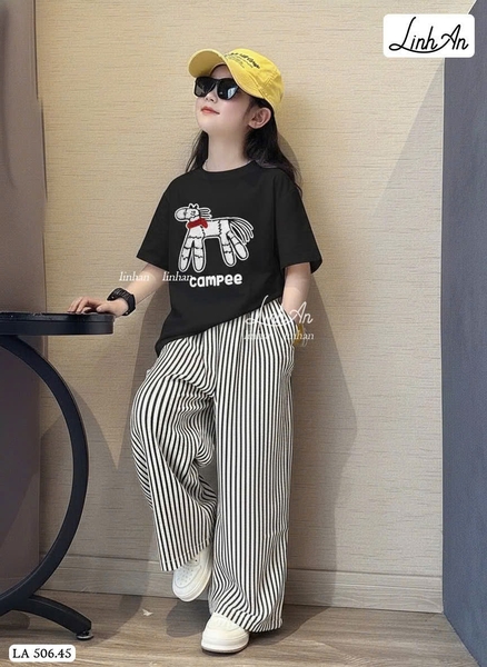 Bộ cộc tay SIZE BÉ Campee Linh An quần kẻ dài bé gái 3 màu hình Ngựa