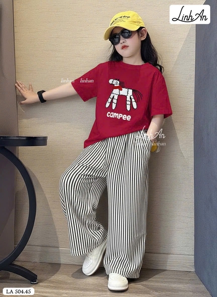 Bộ cộc tay SIZE BÉ Campee Linh An quần kẻ dài bé gái 3 màu hình Ngựa