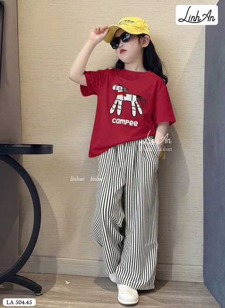 Bộ cộc tay SIZE BÉ Campee Linh An quần kẻ dài bé gái 3 màu hình Ngựa