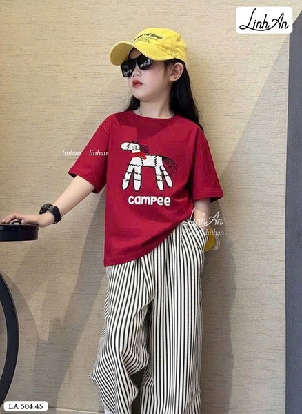 Bộ cộc tay SIZE BÉ Campee Linh An quần kẻ dài bé gái 3 màu hình Ngựa